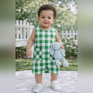 Bella Bliss Green Gingham Jon Jon Romper | 9M
